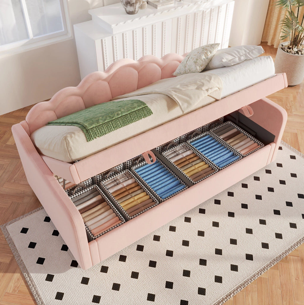Letto singolo 90x200 cm con contenitore idraulico e LED in velluto rosa