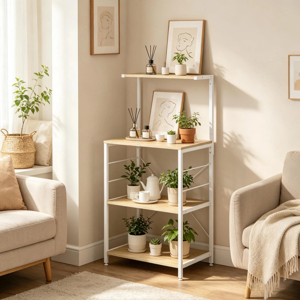 Scaffale da cucina 60x40x123 cm con 4 ripiani e ganci; legno e acciaio bianco e rovere chiaro