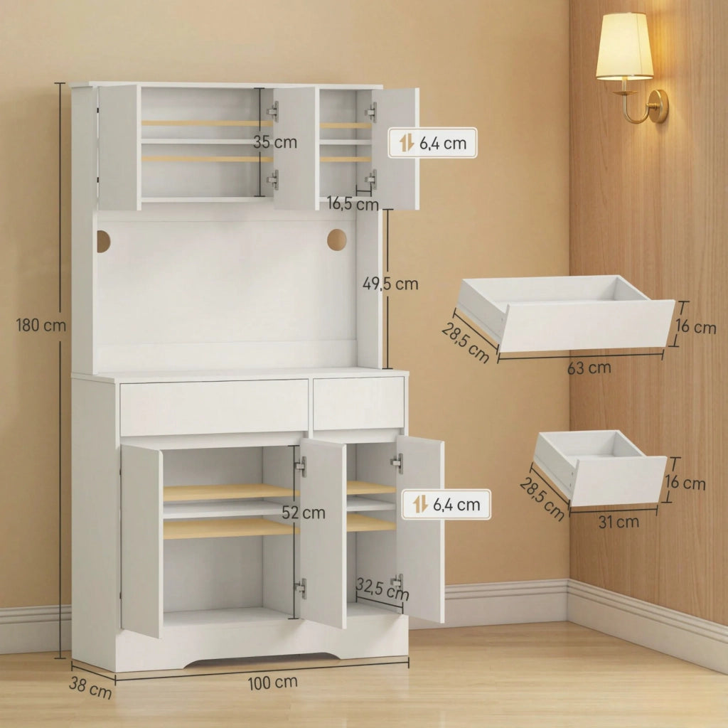 Alta credenza da cucina con illuminazione LED RGB, piano di lavoro, 6 ante e 2 cassetti, mobile contenitore per la cucina