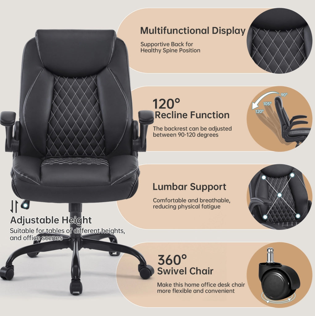 Sedia da ufficio ergonomica in similpelle nera con supporto lombare e braccioli ribaltabili