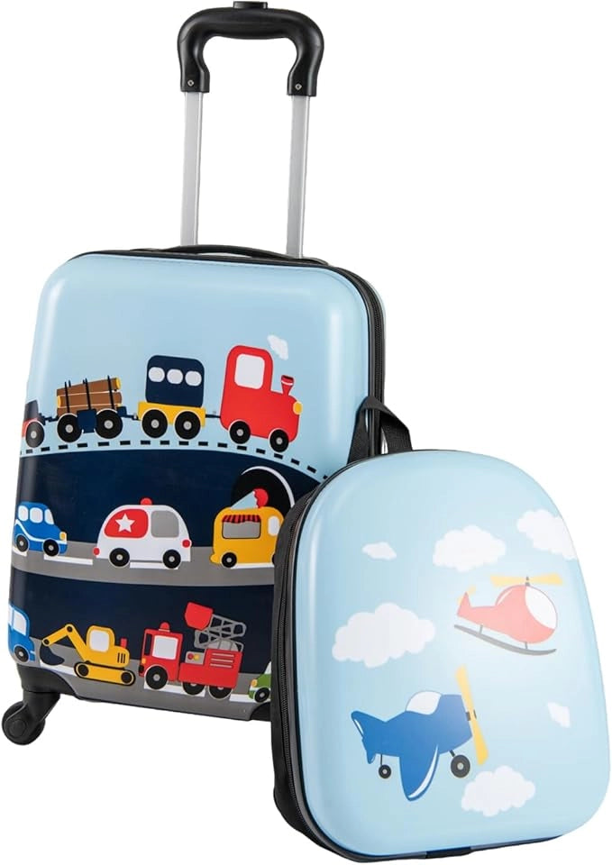 Set di 2 Valigia per Bambini, 16" Valigia+ 13" Zaino, con Ruote Girevoli a 360°, Maniglia Retrattile e Spallacci Regolabili, Ideale per Viaggiare in Modo Comodo e Divertente (Modello 4)