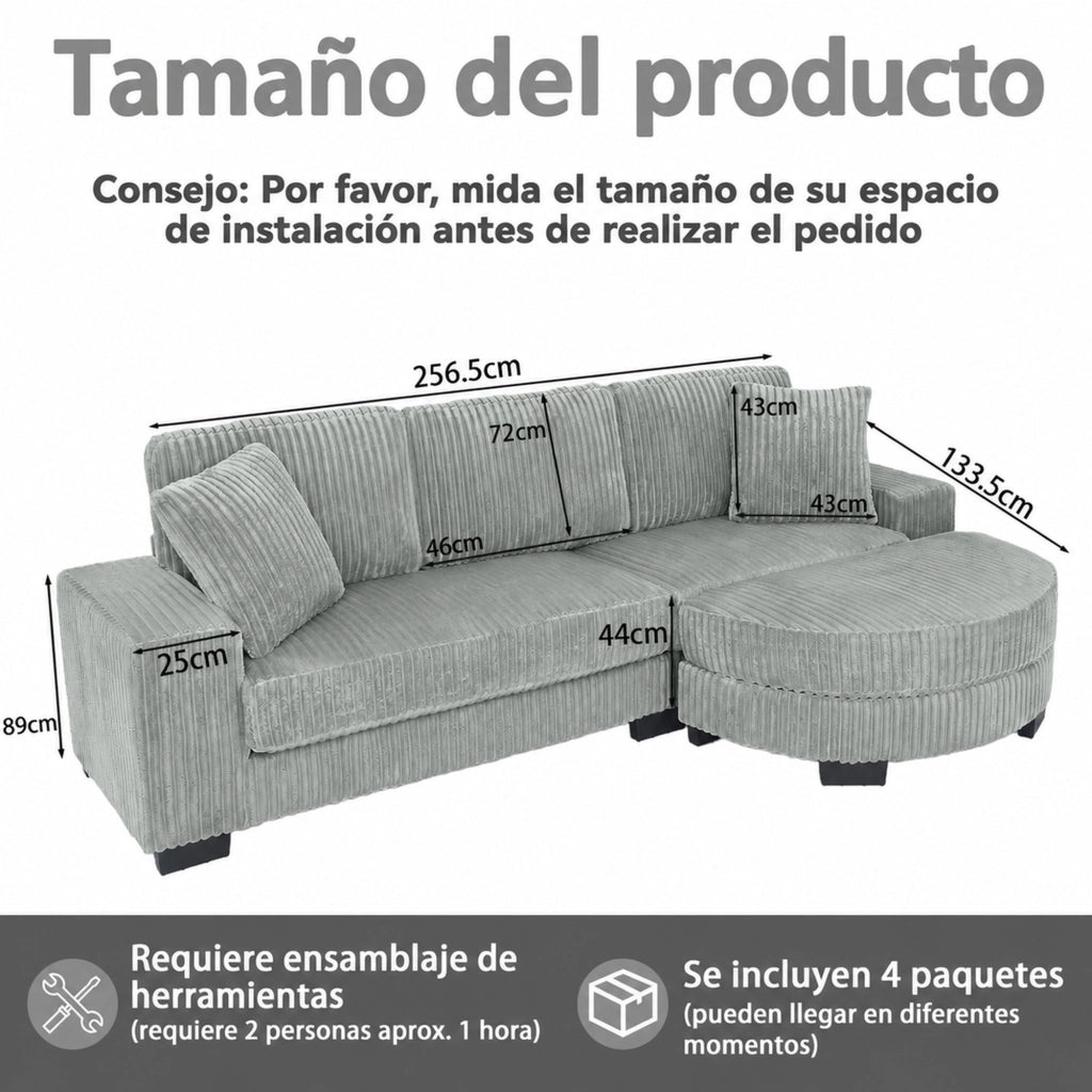 Divano angolare ULEVR 256,5x133,5x89 cm con pouf ovale reversibile, 2 cuscini, velluto a coste grigio