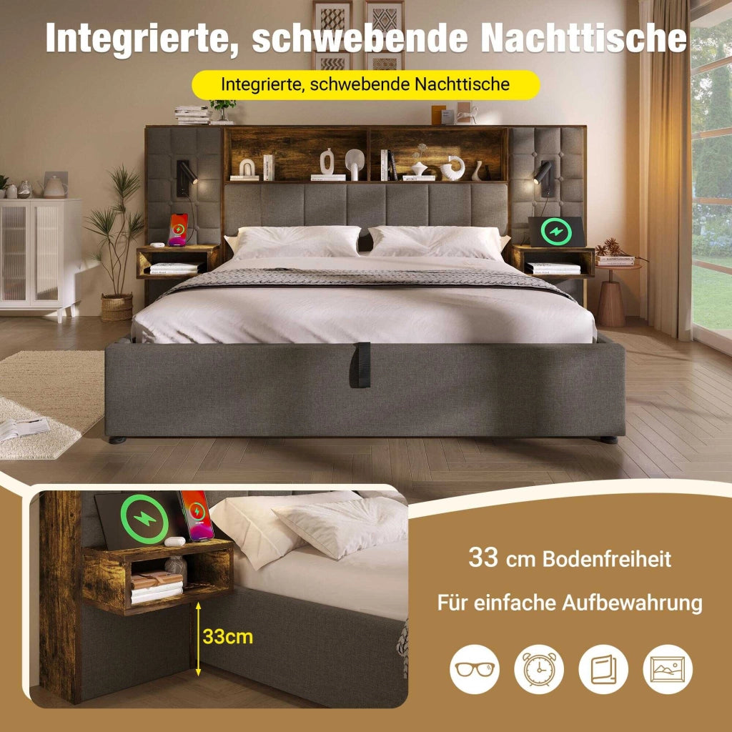 Letto contenitore 180x200 cm grigio con LED, 2 luci da lettura, comodini e porte USB-C, senza materasso