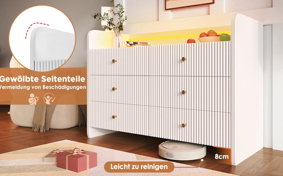 Mobile contenitore bianco con 6 cassetti, illuminazione LED e design a onde, 120x40x75 cm