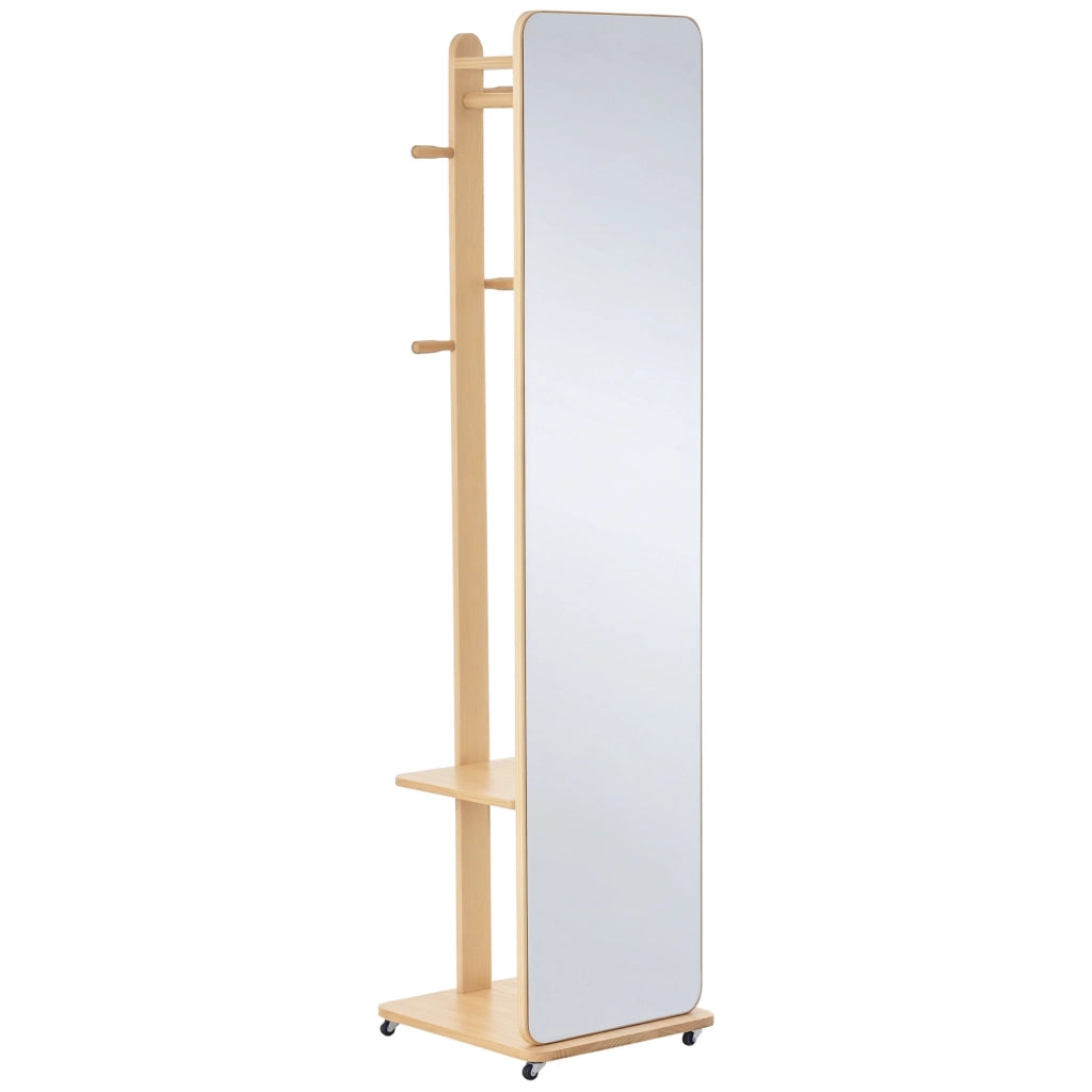 Specchio da Terra con Ruote Appendiabiti con 4 Ganci e Ripiano in MDF Effetto Legno Chiaro, Salvaspazio e Pratico per Camera da Letto