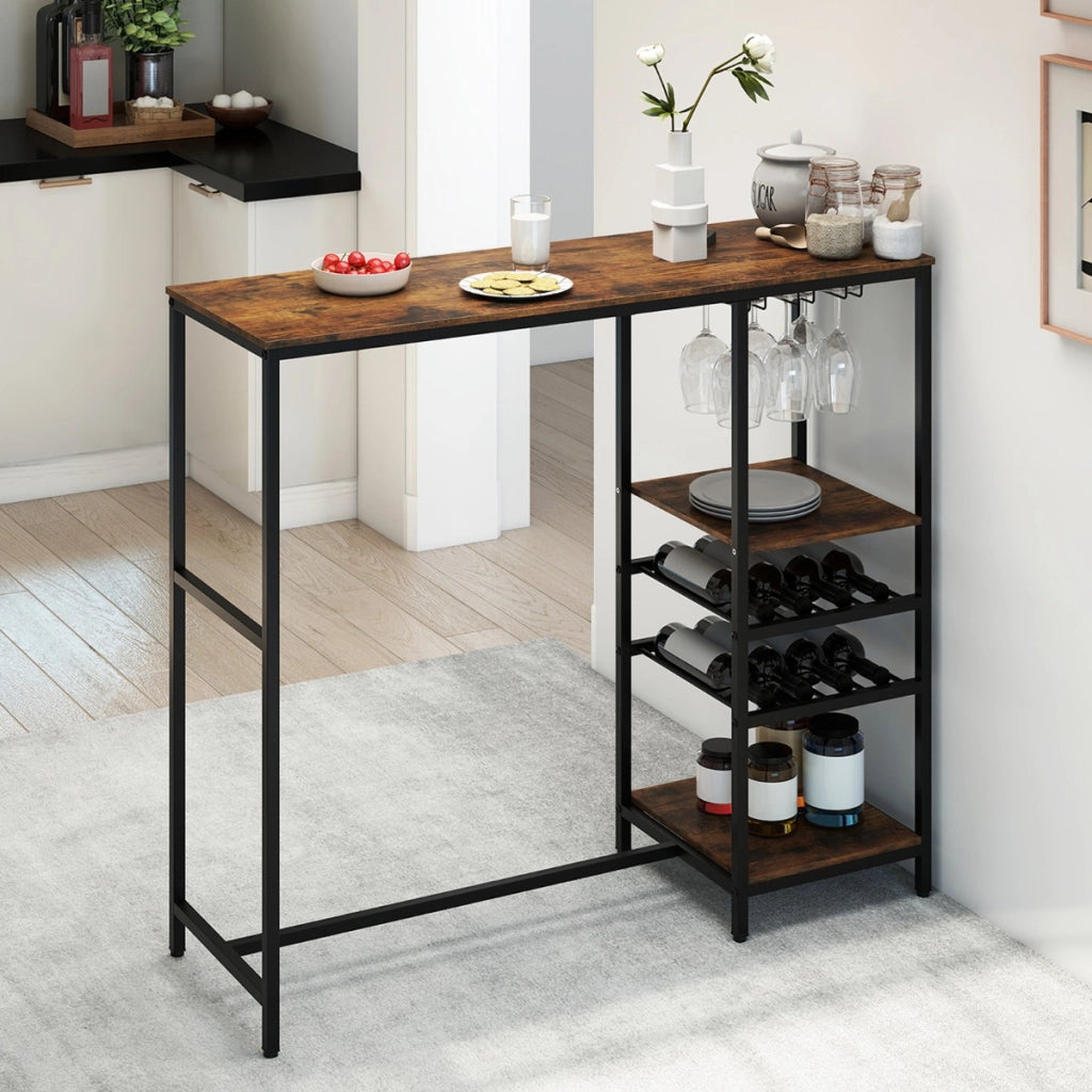 Tavolo da pranzo altezza bar con scaffali di stoccaggio per cucina soggiorno dietro il divano, Tavolo bar lungo da colazione industriale Marrone