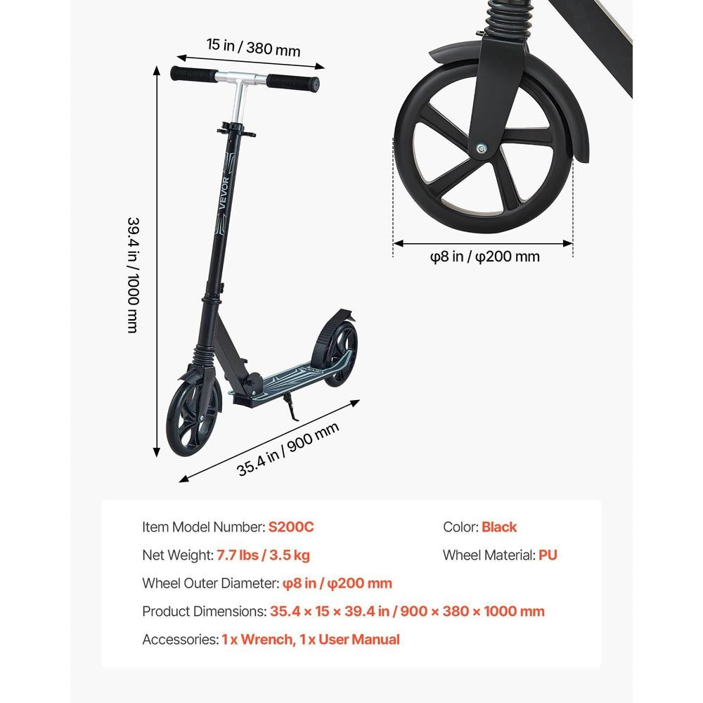Monopattino 2 Ruote Bambini 8 Anni Pieghevole 100kg 3 Altezze Antiscivolo Freno Pedale Nero