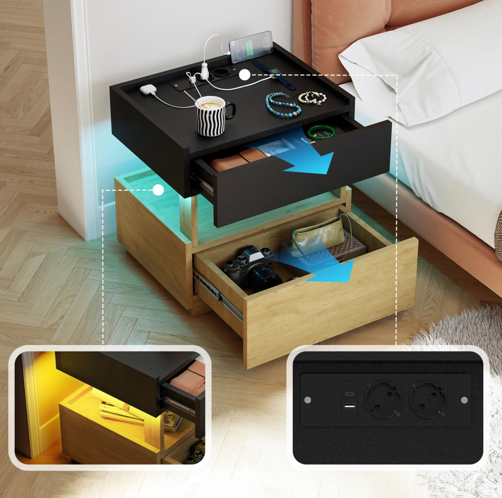 Comodino smart con ricarica wireless, LED, USB e 2 cassetti