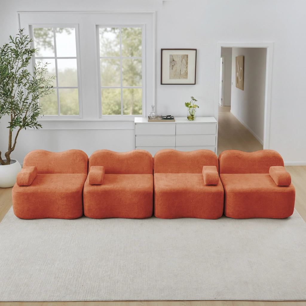 Divano angolare modulare in velluto arancione con pouf collegabile e seduta profonda 384 × 98 × 70 cm