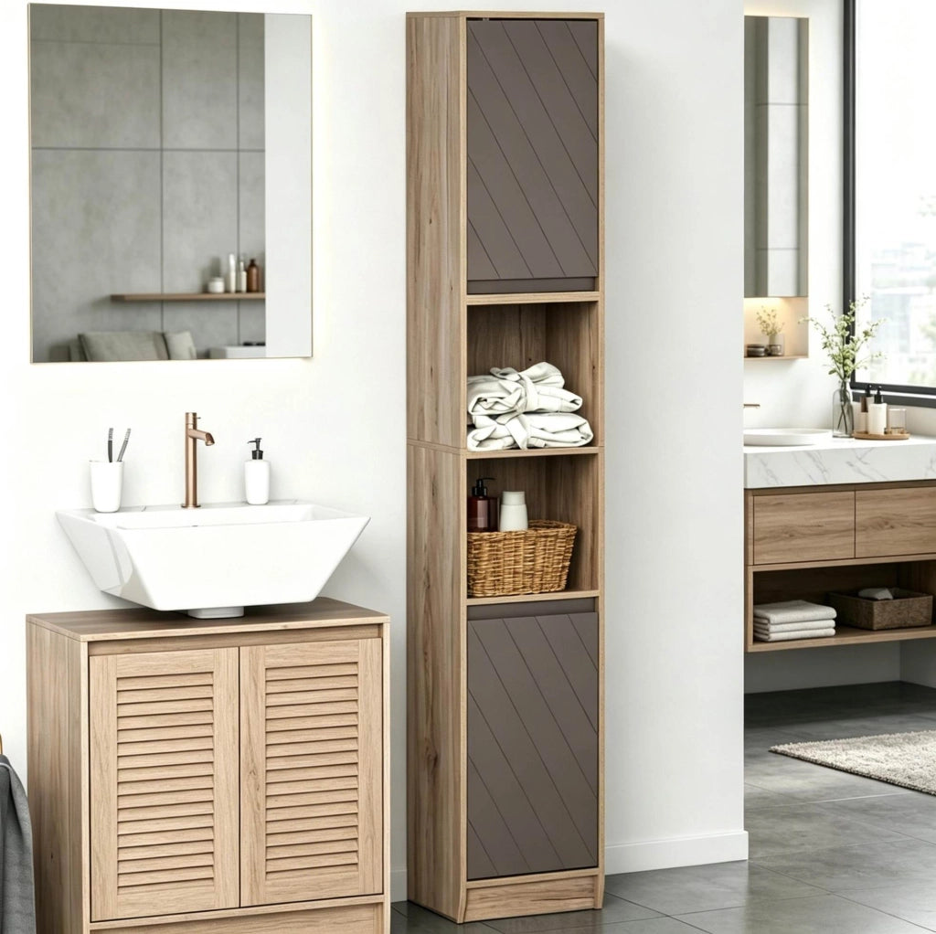 Mobile bagno alto slim in MDF e truciolato grigio e rovere 30x24x170 cm