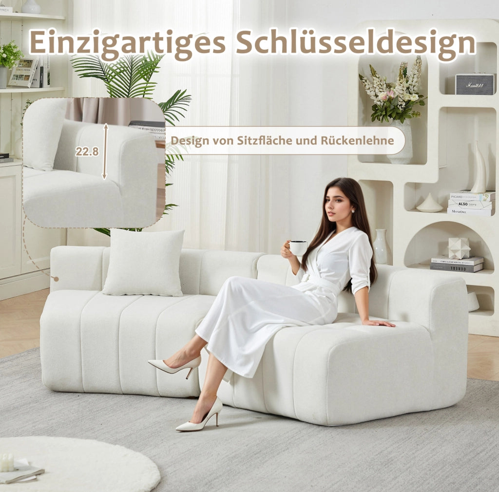 Divano modulare curvo in chenille beige con 2 cuscini