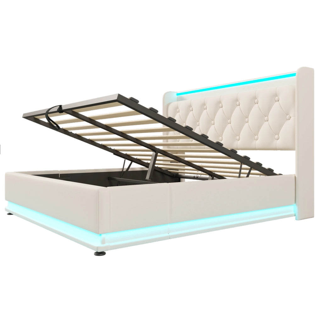 Letto contenitore matrimoniale 160×200 cm con LED, USB Type-C e testiera imbottita, materasso incluso, bianco PU