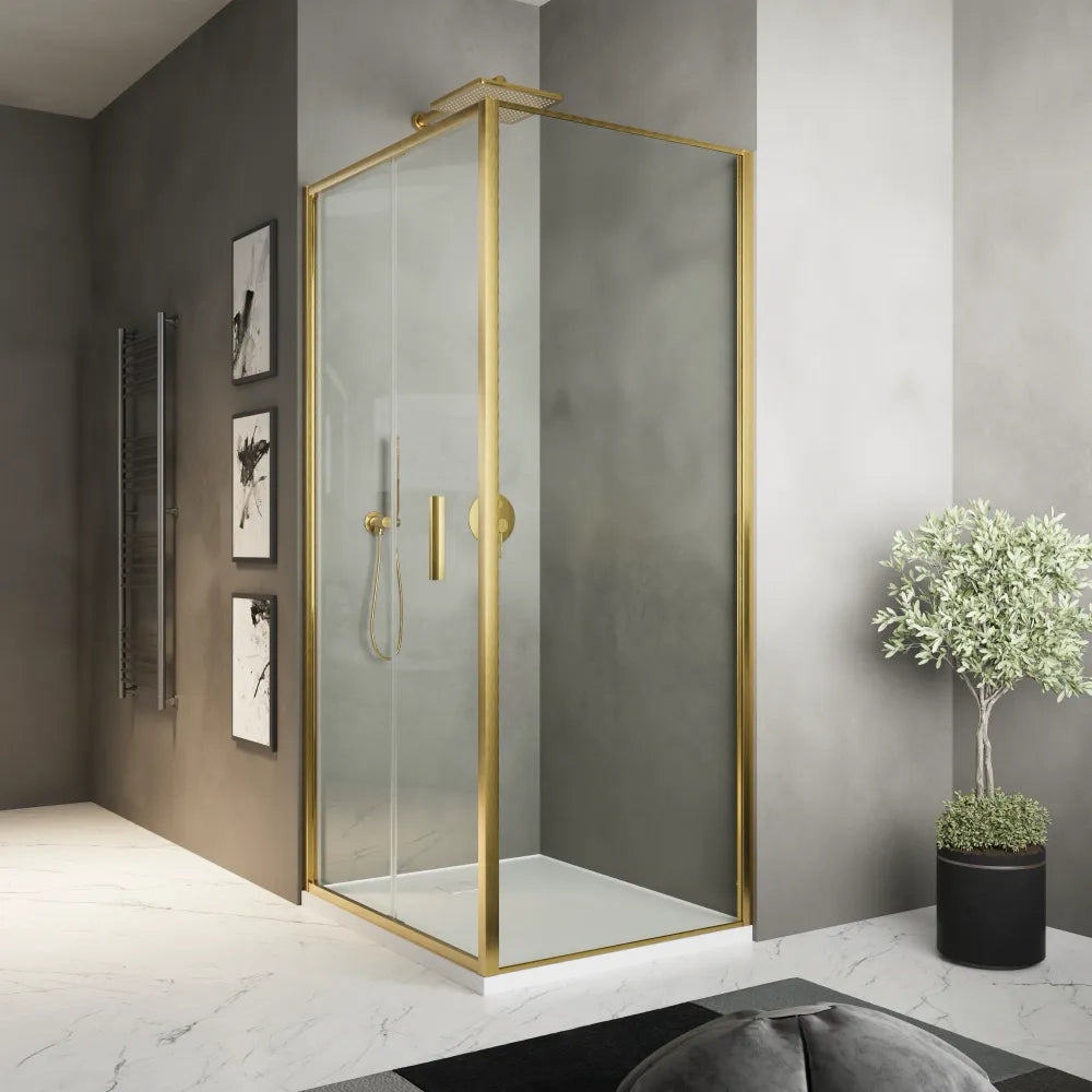 Box doccia slim 75x90cm con porta a libro e parete fissa profili oro spazzolato e vetro 6mm trasparente anticalcare h190| Portofino