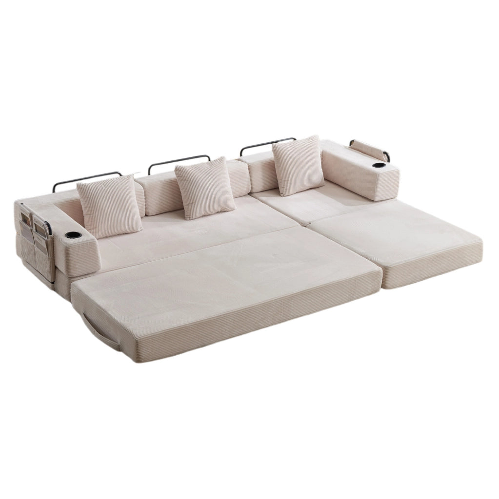 Divano Letto da Pavimento in Velluto a Coste Pieghevole con Portabicchieri e Tasche; Bianco; per Soggiorno e Camera