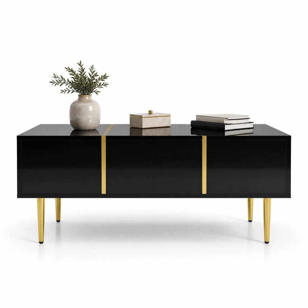 Tavolino da salotto moderno nero lucido con 2 cassetti e dettagli dorati, 100x60x41,5 cm