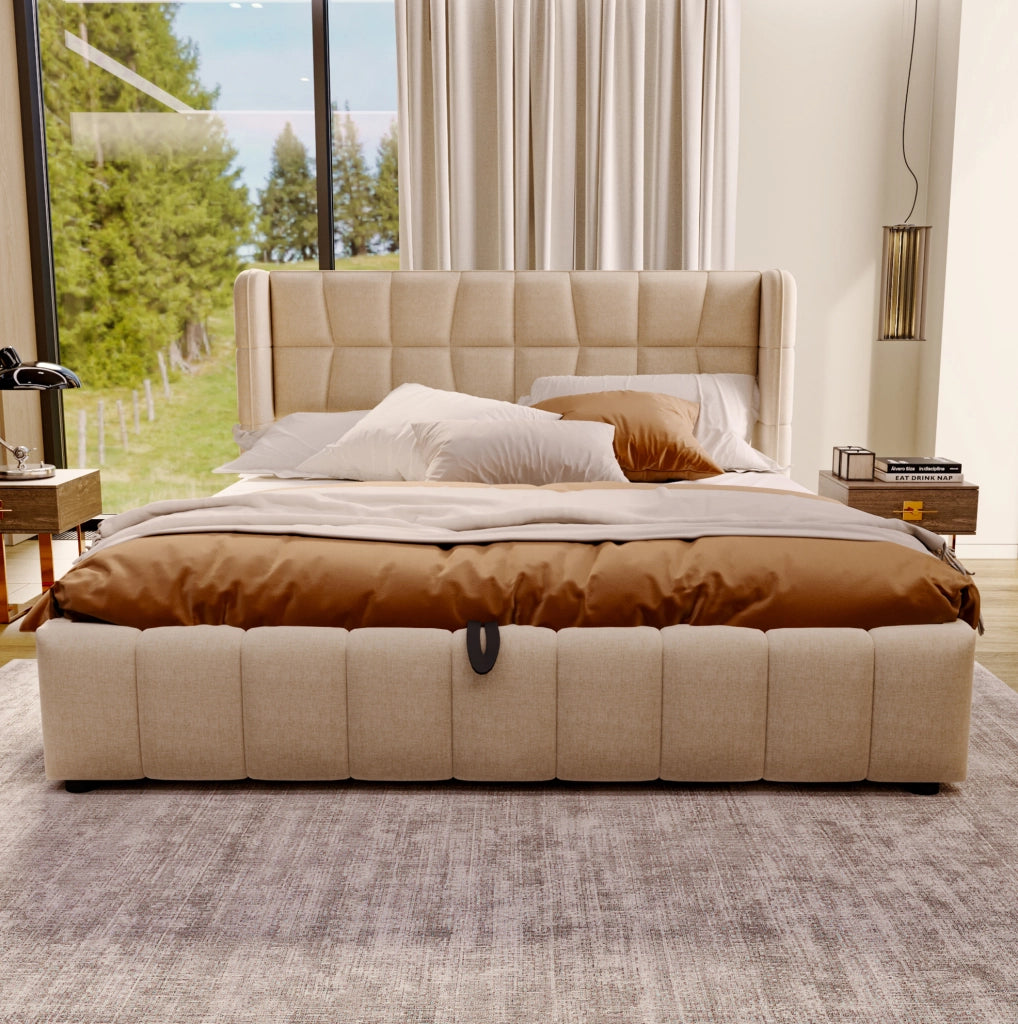 Letto contenitore imbottito ULEVR 180x200 cm con rete a doghe, struttura in metallo e rivestimento beige