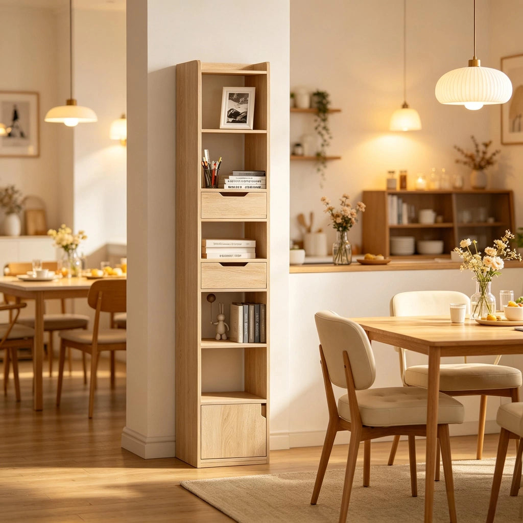 Libreria 33x24x181 cm con 6 ripiani; 2 cassetti e anta in legno rovere chiaro