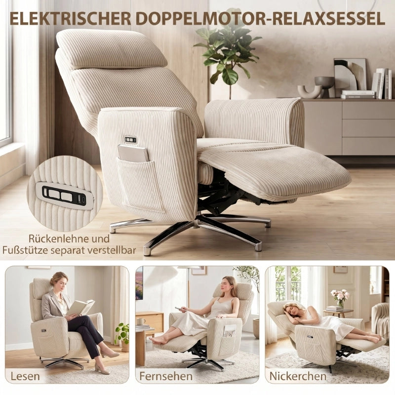 Poltrona relax elettrica girevole con doppio motore, poggiatesta regolabile, USB e tasche laterali in poliestere crema