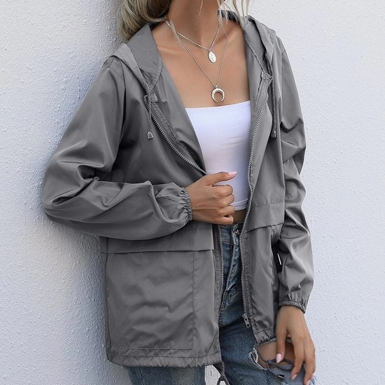 Impermeabile giacca da pioggia per donne, giacca da pioggia leggera con tasche, cappuccio e giacca a vento per esterni, colore grigio scuro, L