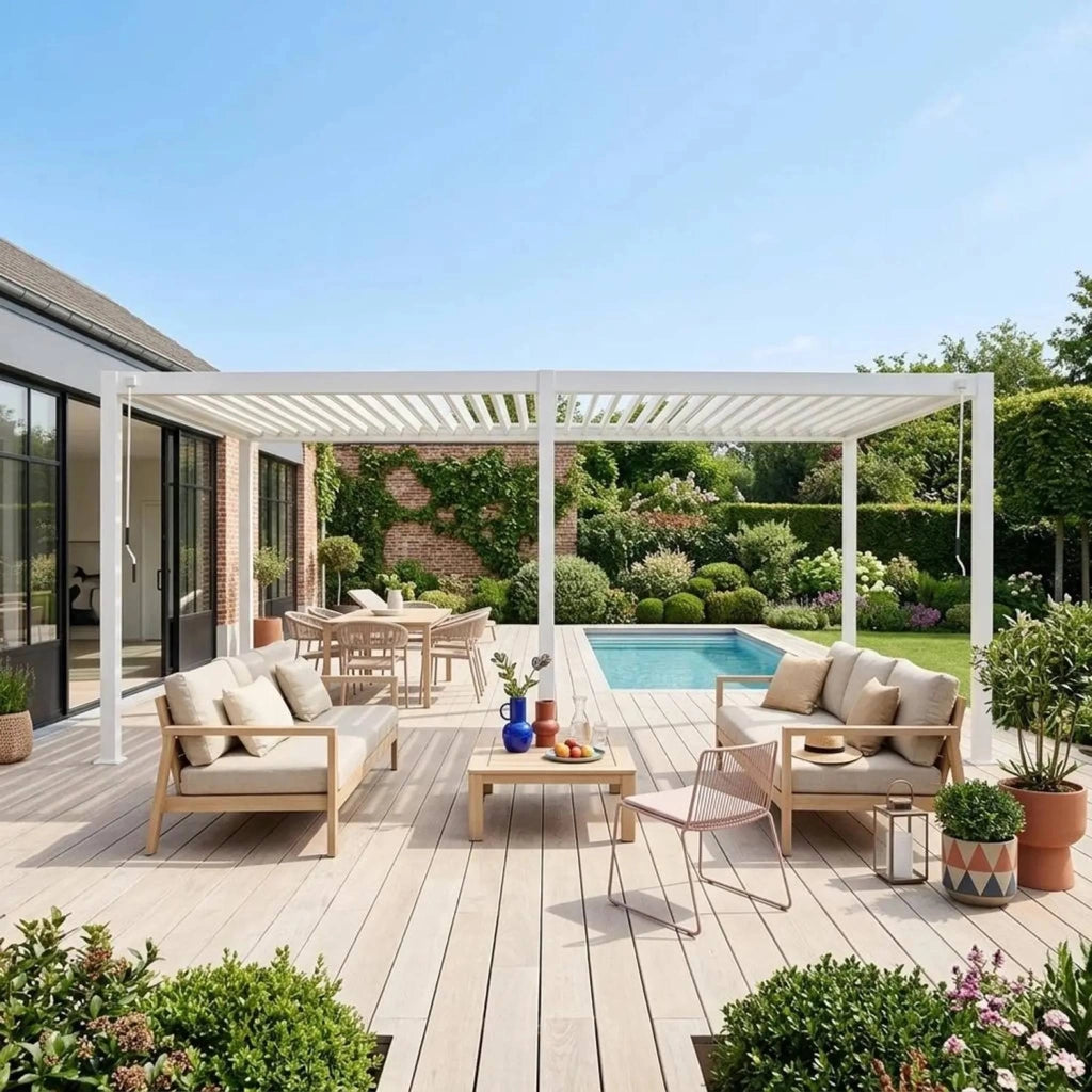Pergola bioclimatica 3x6m in alluminio, lamelle orientabili, bianco