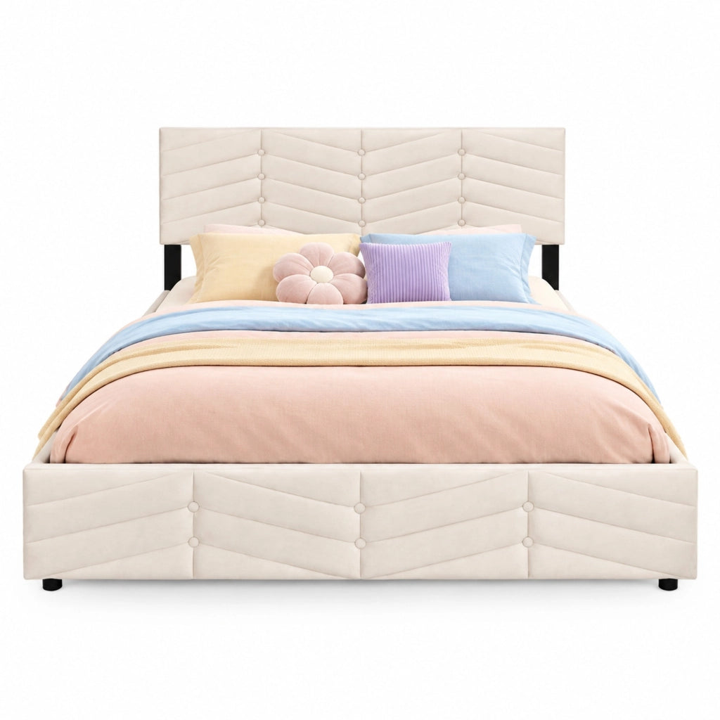 Letto imbottito 140x200 cm con rete a doghe e testiera regolabile in velluto beige