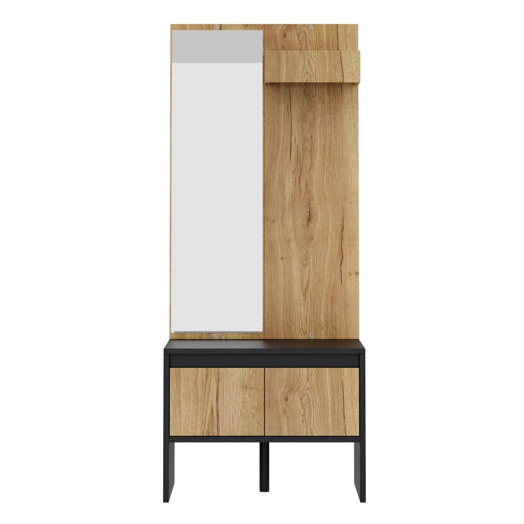 Mobile da ingresso con appendiabiti, specchio, panca portascarpe e 2 cassetti, nero e naturale, 60 × 38 × 145 cm