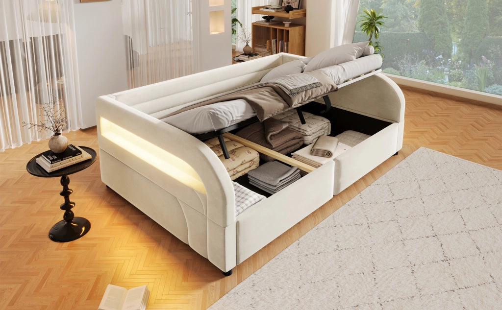 Letto Contenitore Imbottito 140x200 cm con Sollevamento Idraulico; LED; Beige