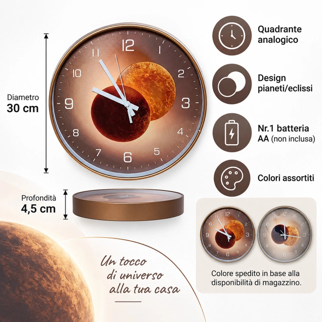 OROLOGIO PARETE TONDO LUNA 30CM MODERNO DESIGN PIANETI VARI COLORI CASA UFFICIO