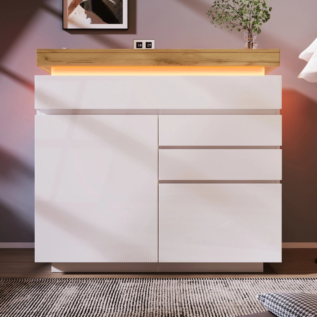 Sideboard bianco lucido con 2 ante, 3 cassetti e illuminazione LED controllabile via app, 115x110x39 cm