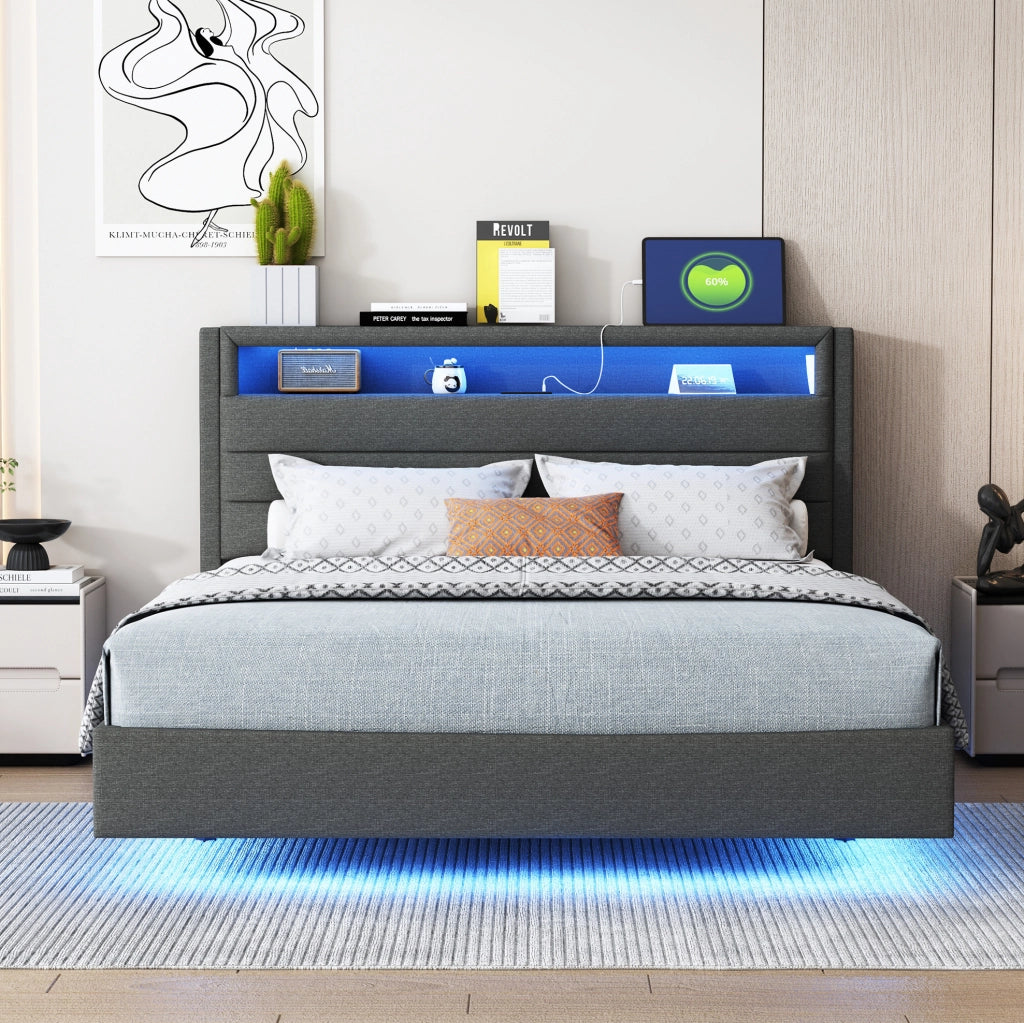 Letto matrimoniale imbottito 140x200 cm con USB e LED multicolore in lino grigio
