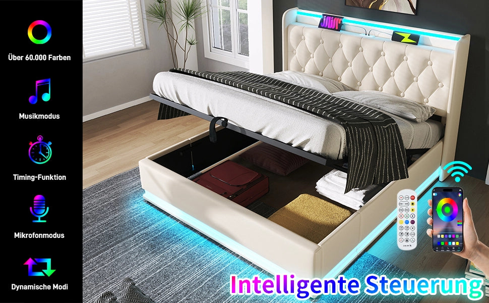Letto contenitore matrimoniale 160×200 cm con LED, USB Type-C e testiera imbottita, materasso incluso, bianco PU