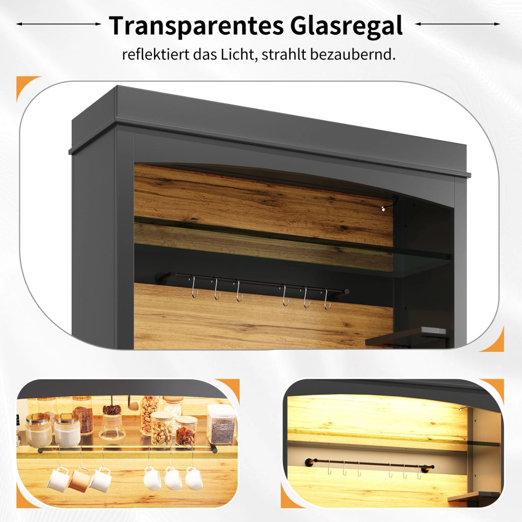 Mobile colonna da cucina con LED USB; due ante; 6 ganci e ripiano aperto in MDF nero 107 × 43 × 184 cm