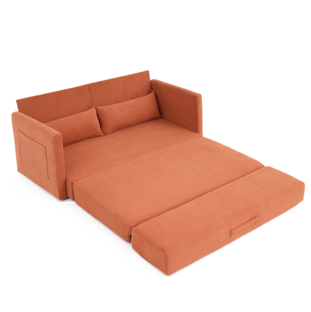 Divano letto 2 posti in tessuto di cotone, arancione, con due cuscini lombari e tasche portaoggetti, dimensioni 165x92x82 cm
