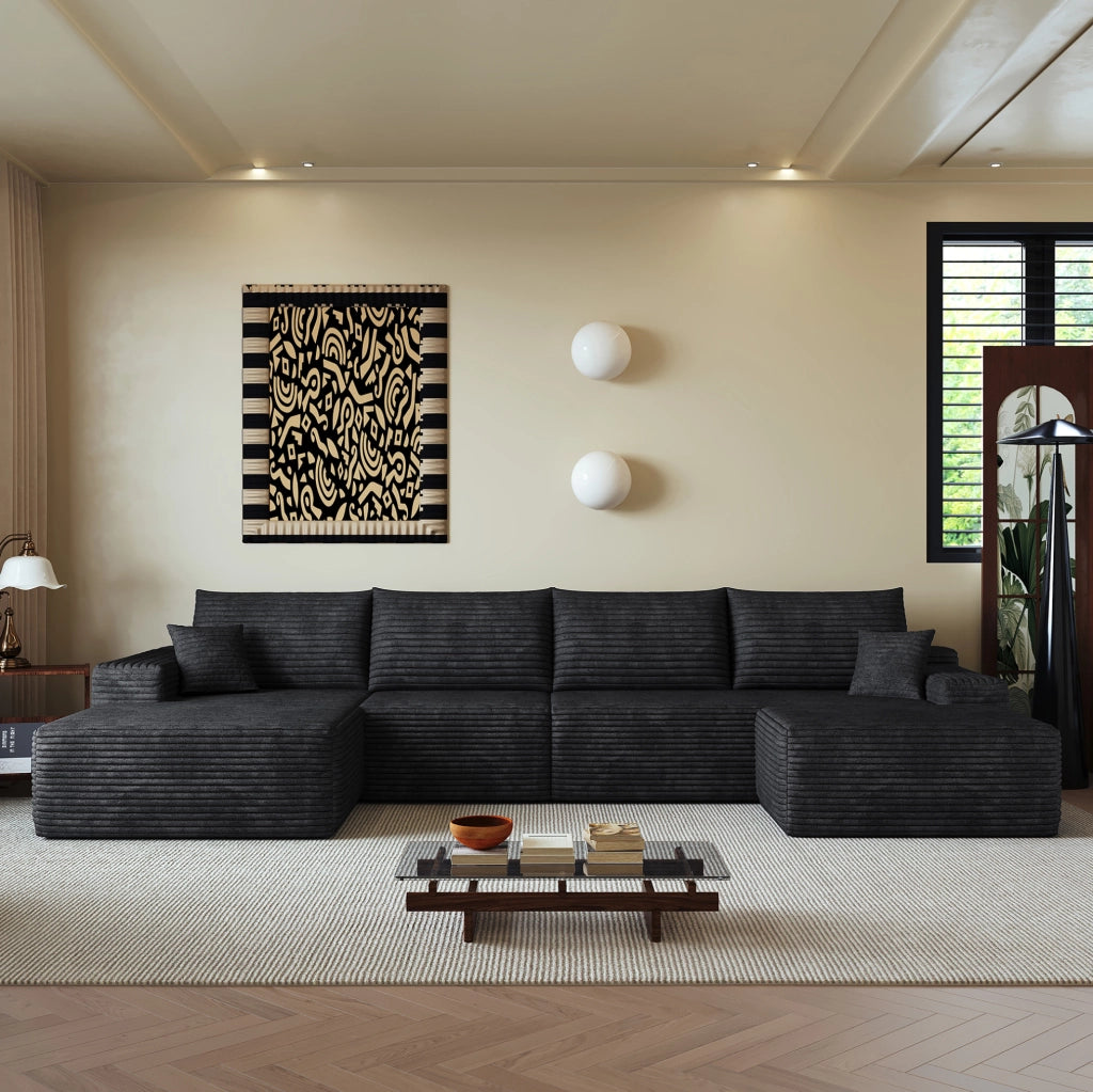 Divano angolare modulare 340 cm con chaise longue a L, tessuto di velluto a coste nero, senza montaggio richiesto