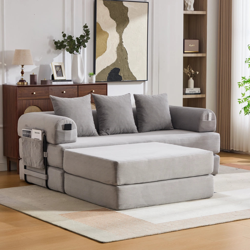 Divano modulare 200x190x67 cm con pouf; tasca laterale e 3 cuscini; velluto a coste grigio chiaro
