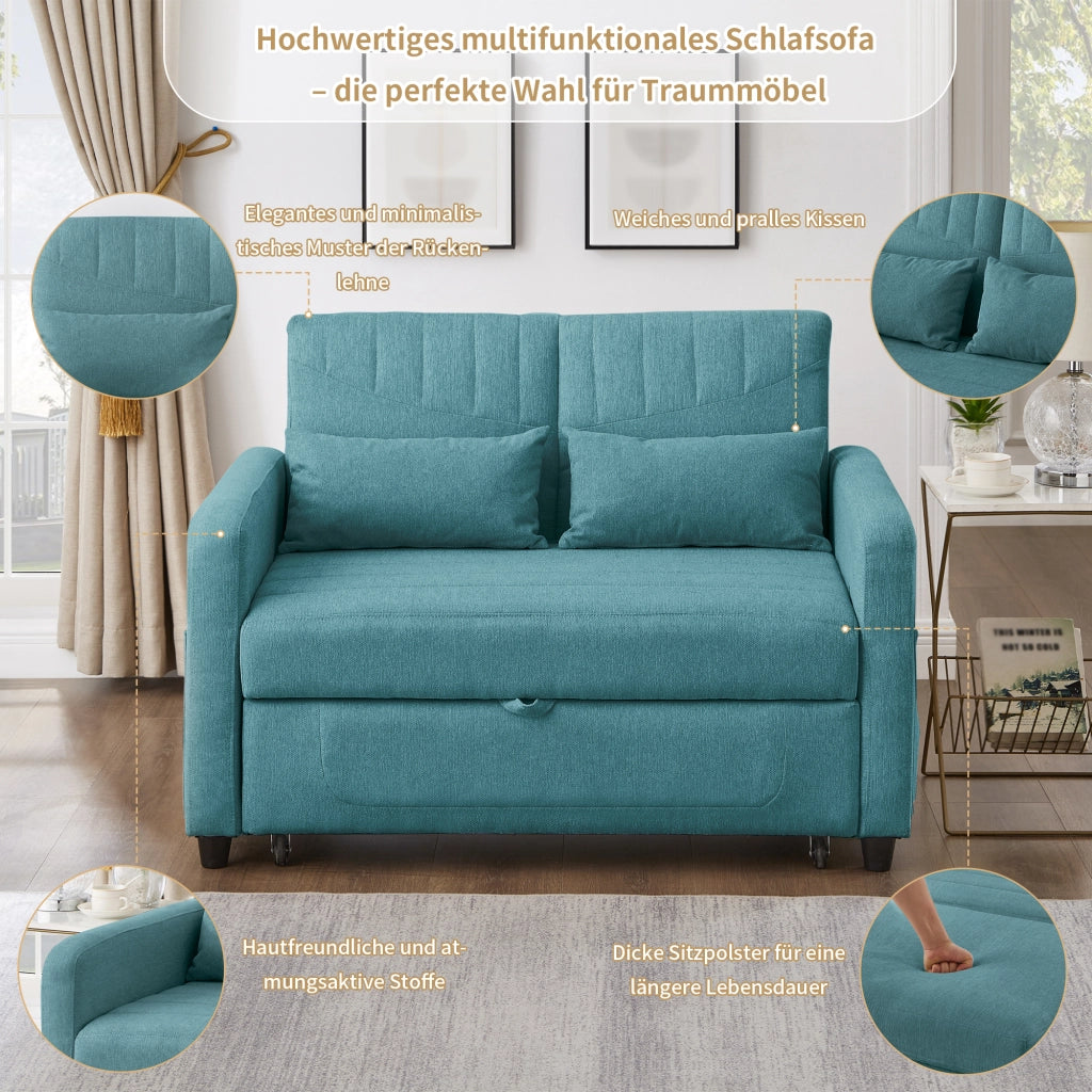 Divano letto a 2 posti estraibile con schienale regolabile in 3 posizioni tessuto cotone e lino blu verde antico