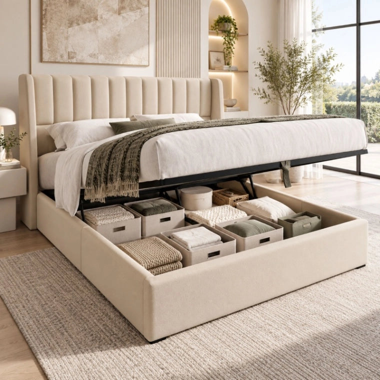 Letto Contenitore Matrimoniale 160x200 cm; Letto Imbottito in Lino Beige con Testiera; Rete a Doghe e Sollevamento Idraulico; Struttura Letto