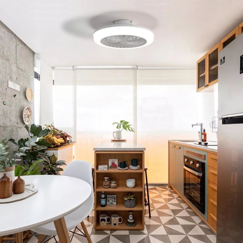 Ventilatore a soffitto 46 cm con illuminazione LED dimmerabile e telecomando, design moderno senza pale, adatto per camere, cucine e sale da pranzo
