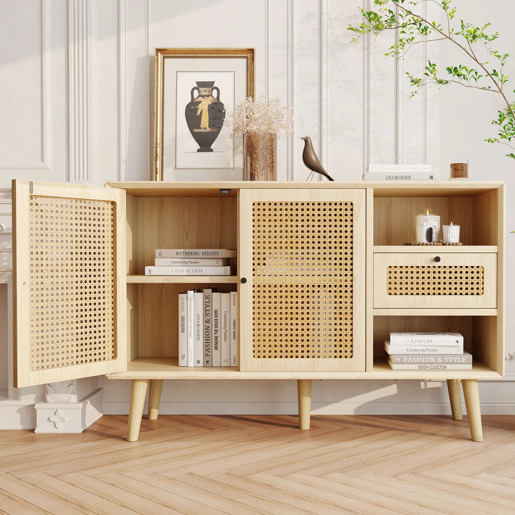 Credenza con Cassetto e 2 Ante in Rattan ¨C MINIMAL ¨C Rovere, Metallo Nero, 120x40x80
