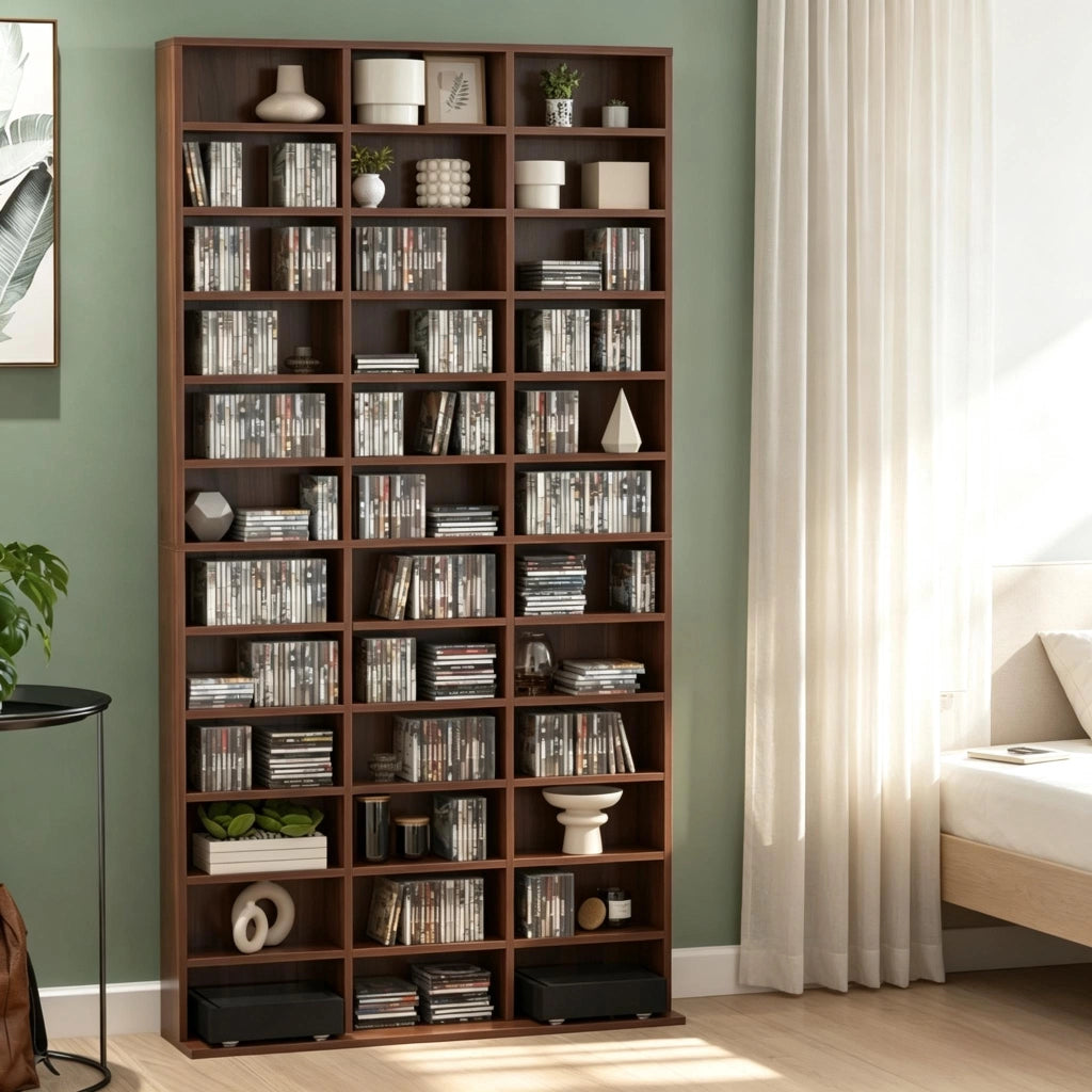Scaffalatura porta CD e DVD con 36 vani e alcuni ripiani regolabili in MDF marrone 102 × 23.5 × 195 cm