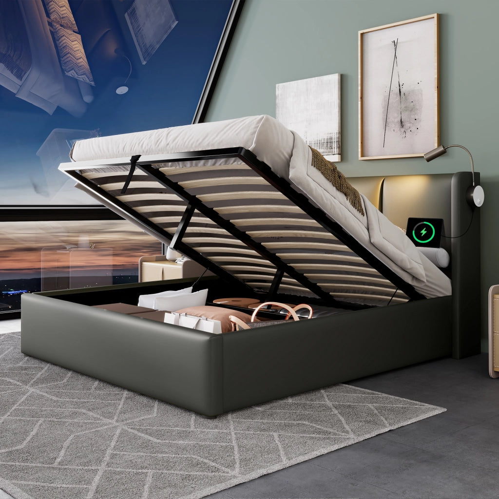 Letto Contenitore Imbottito con Luce LED e Ricarica ¨C MINIMAL ¨C 160x200, PU, Testiera