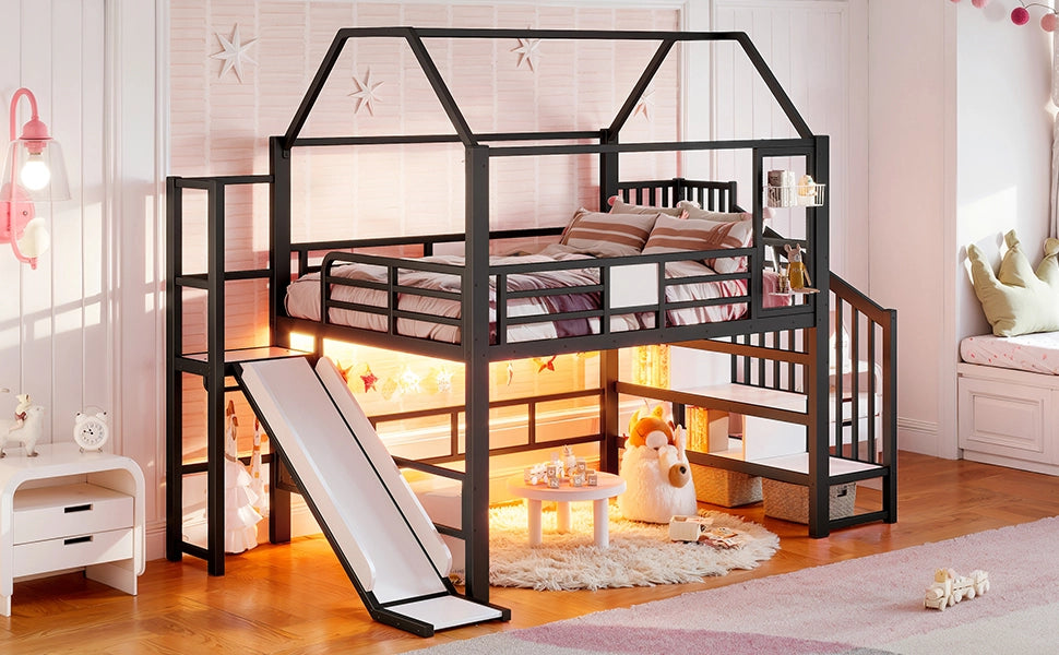 Letto a soppalco per bambini 140 × 200 cm con scivolo scala LED Bluetooth in MDF e metallo nero