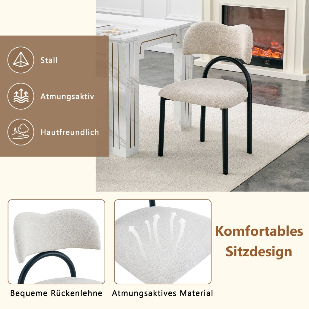 Set 2 sedie da pranzo imbottite con schienale curvo e gambe in metallo nero, in tessuto beige, per cucina e soggiorno