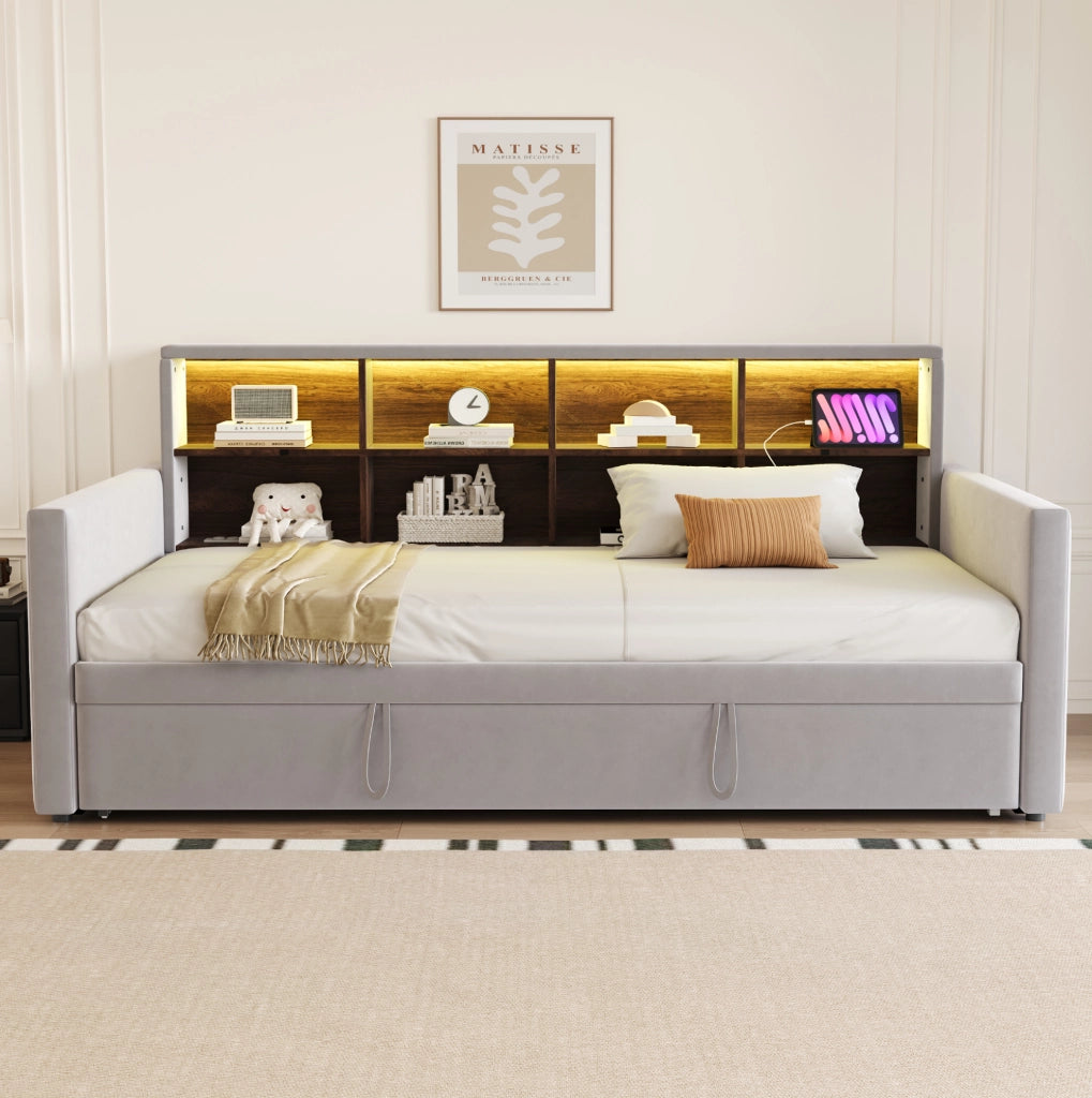 Letto singolo imbottito estraibile 90x190 cm in velluto grigio chiaro con LED e prese HOMVRA