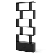 Libreria a 6 ripiani a forma di S con mobiletto ad ante nero, scaffale moderno per soggiorno e ufficio, robusto e facile da montare