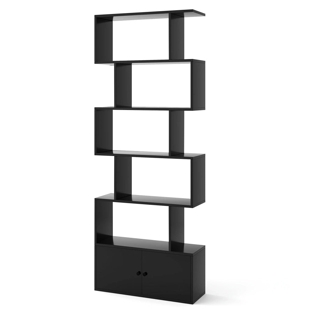 Libreria a 6 ripiani a forma di S con mobiletto ad ante nero, scaffale moderno per soggiorno e ufficio, robusto e facile da montare