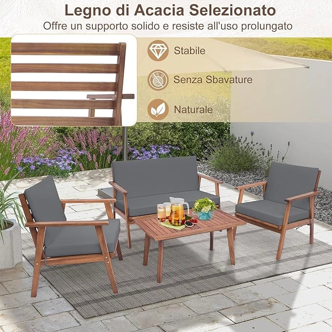 Set di Conversazione da Esterno in 4 Pezzi, Set da Divano in Legno di Acacia con Cuscini Morbidi per Sedile e Schienale, Tavolino da Caffè Rettangolare, per Patio Giardino Piscina (Grigio)