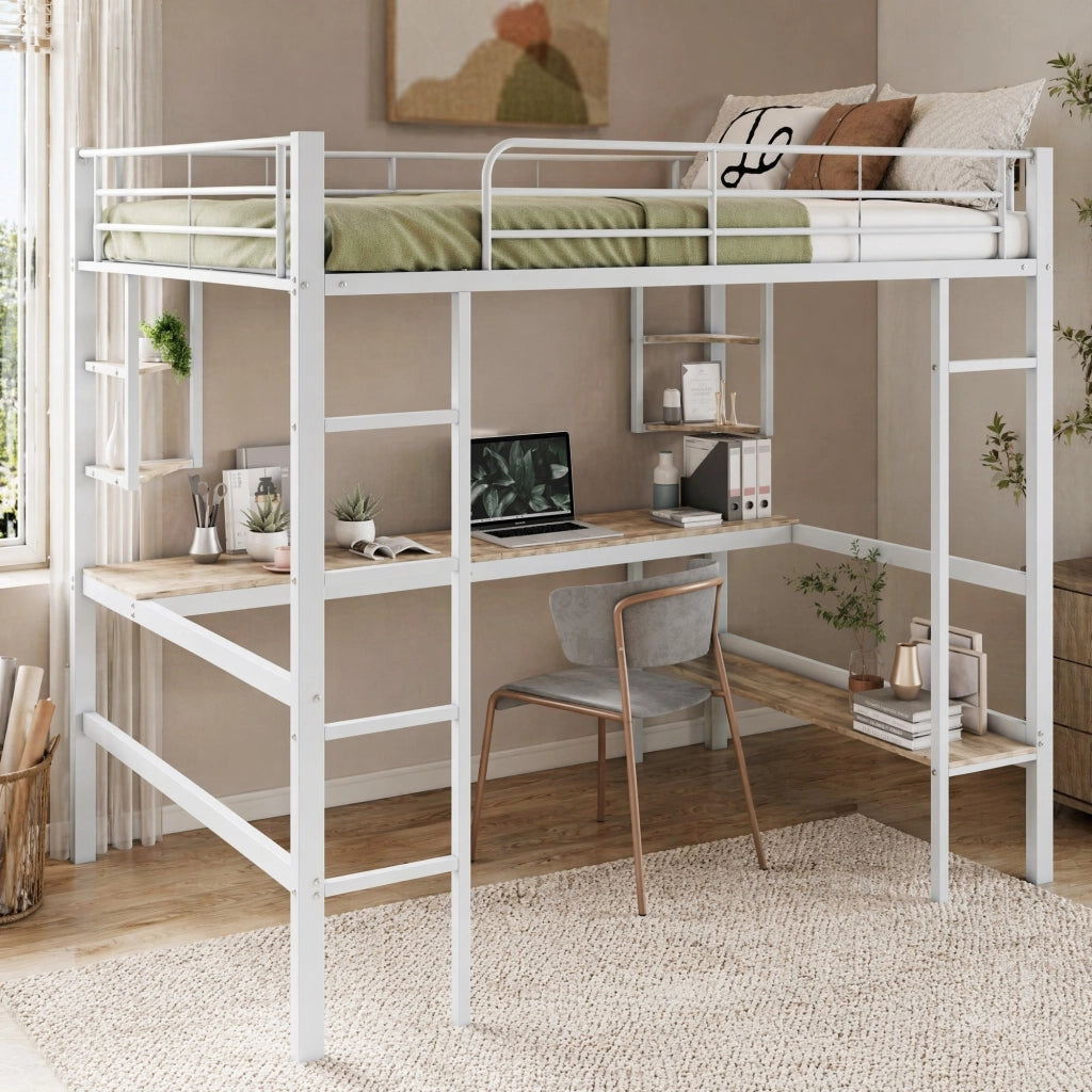 Letto a castello in metallo con scrivania e libreria