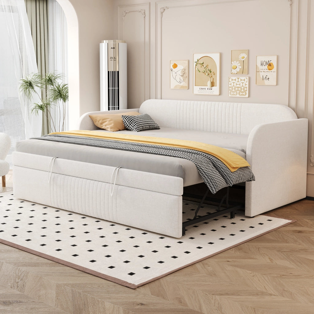 Letto imbottito estraibile singolo 90×190 cm e 180×190 cm con rete; senza materasso; tessuto; beige