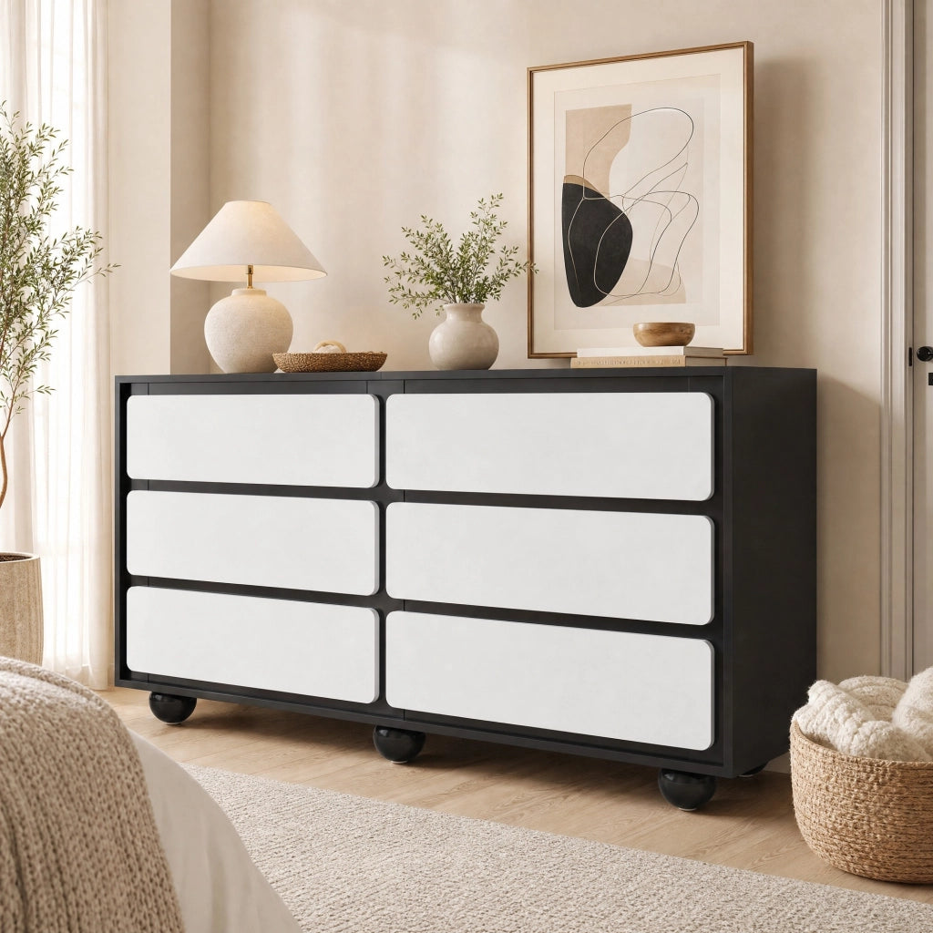 Com¨° 140x38x74,5 cm con 6 cassetti in pannello truciolare bianco e nero
